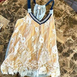 Yellow, navy, and grey lace top